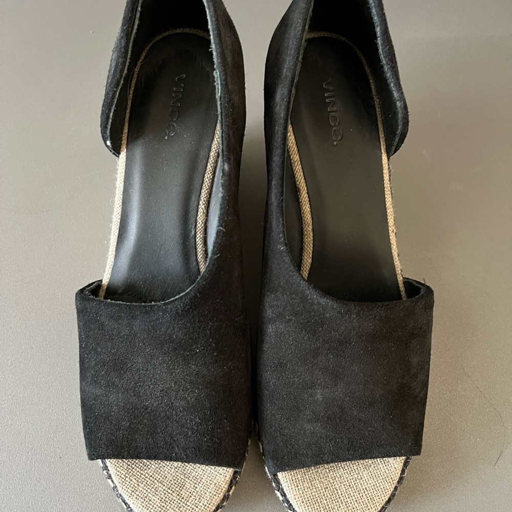 Brand New black Vince Sonora Peep-toe Suede Espadrille wedge. Size 8, no box.